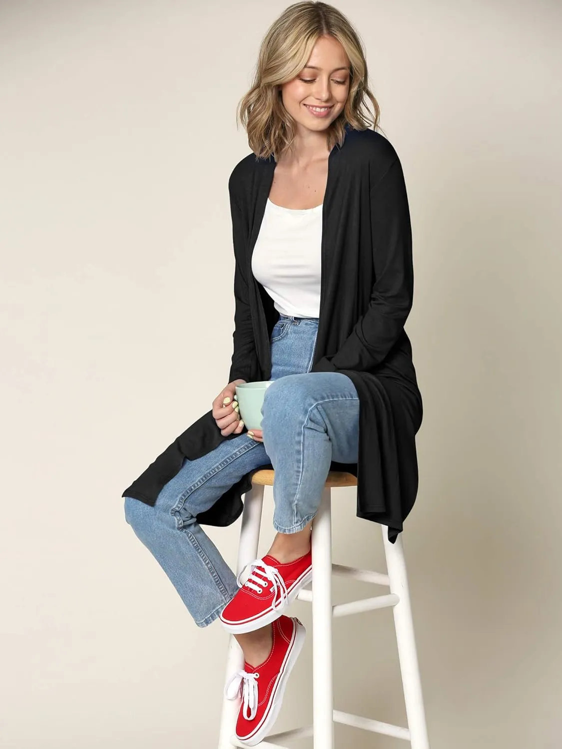 Made By Johnny Women's Solid Long Sleeve Open Front Drape Long Cardigan Duster - Comfortable & Stylish Outerwear