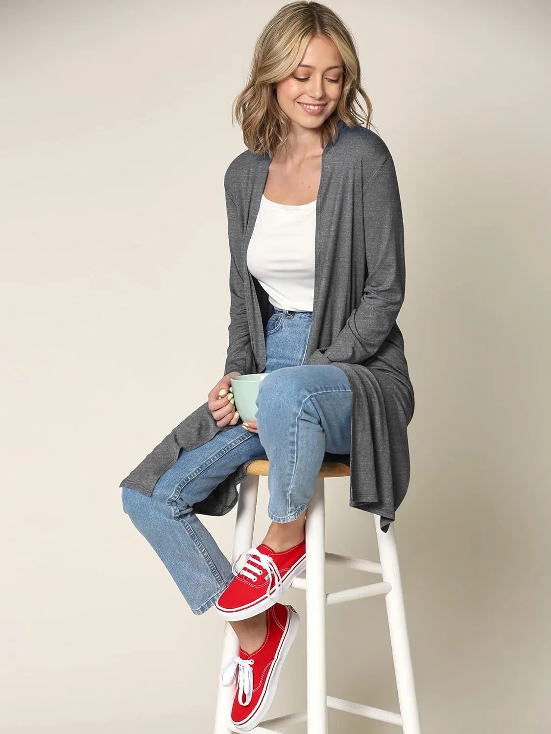 Made By Johnny Women's Solid Long Sleeve Open Front Drape Long Cardigan Duster - Comfortable & Stylish Outerwear
