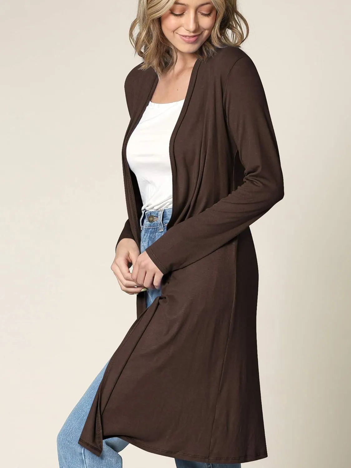 Made By Johnny Women's Solid Long Sleeve Open Front Drape Long Cardigan Duster - Comfortable & Stylish Outerwear