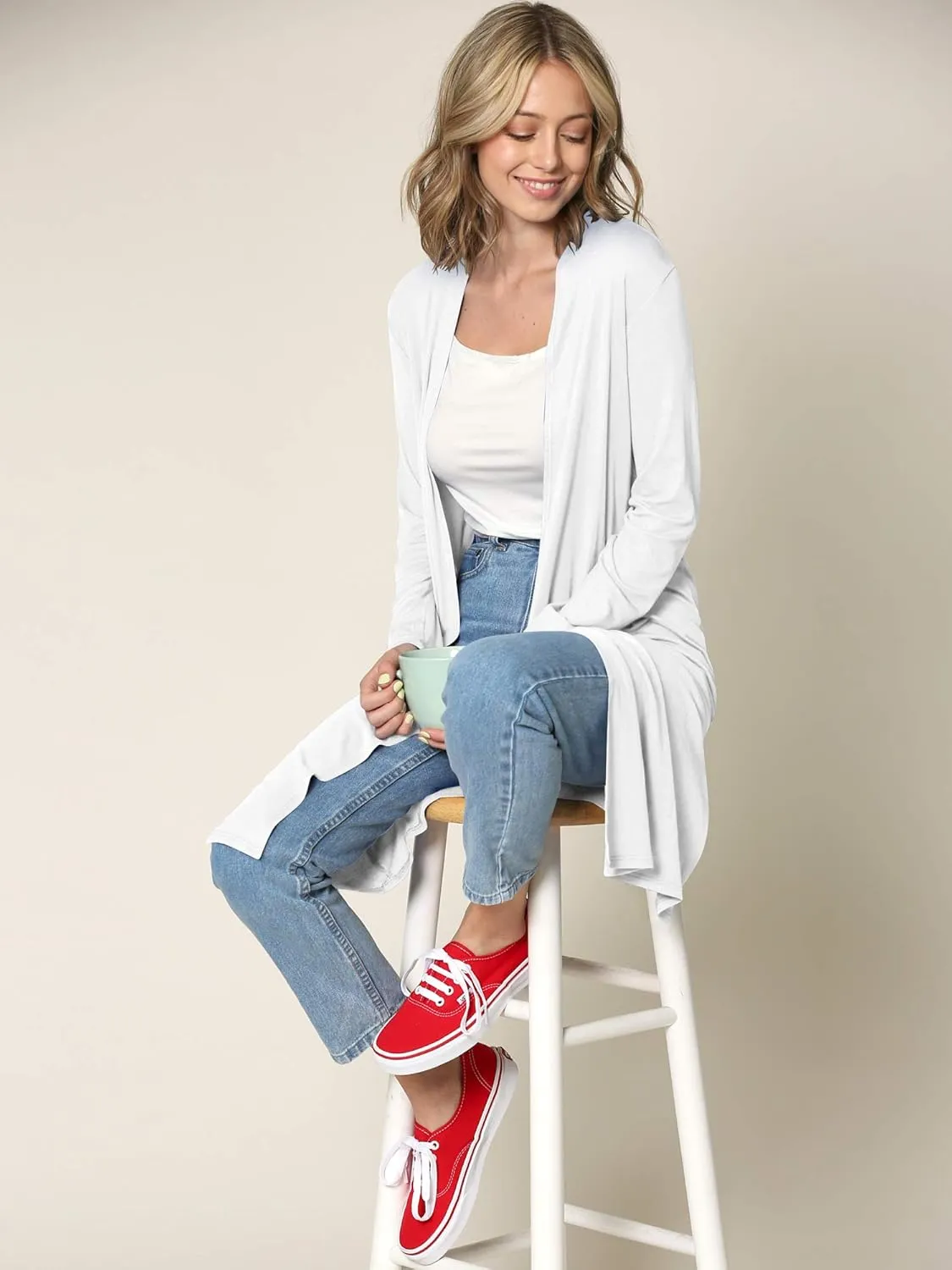 Made By Johnny Women's Solid Long Sleeve Open Front Drape Long Cardigan Duster - Comfortable & Stylish Outerwear