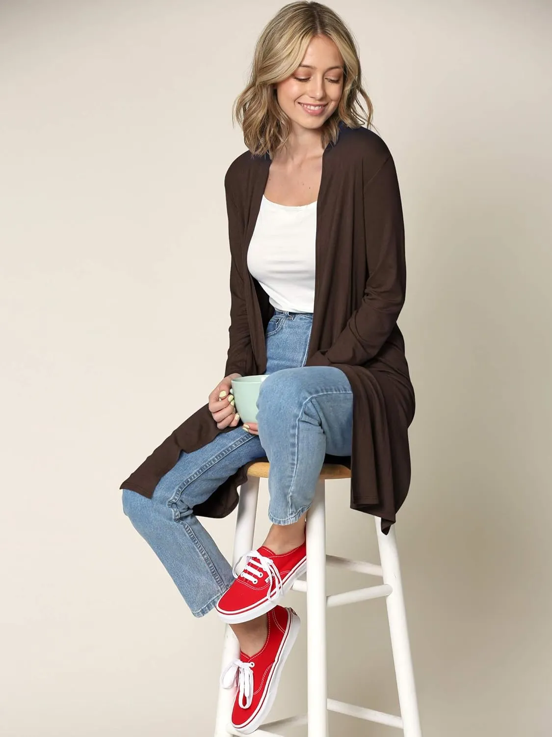 Made By Johnny Women's Solid Long Sleeve Open Front Drape Long Cardigan Duster - Comfortable & Stylish Outerwear