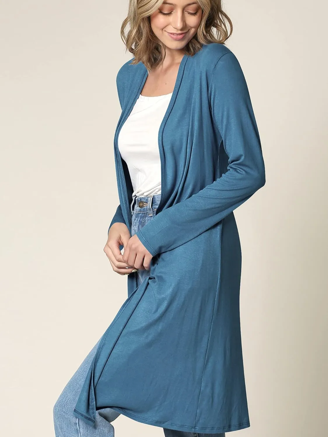 Made By Johnny Women's Solid Long Sleeve Open Front Drape Long Cardigan Duster - Comfortable & Stylish Outerwear