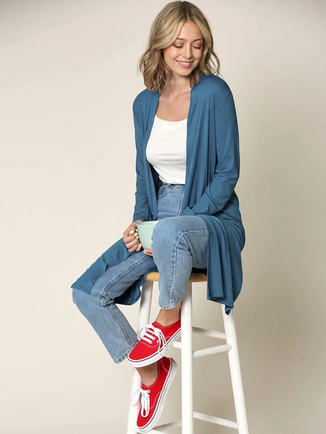 Made By Johnny Women's Solid Long Sleeve Open Front Drape Long Cardigan Duster - Comfortable & Stylish Outerwear