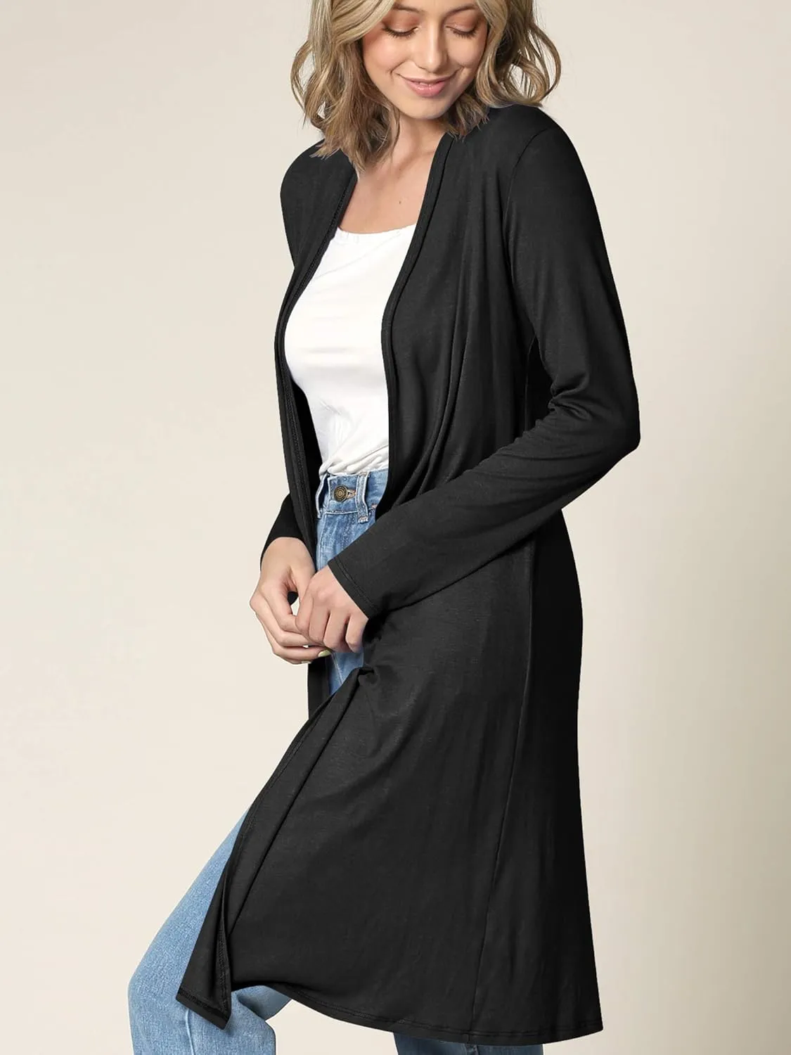 Made By Johnny Women's Solid Long Sleeve Open Front Drape Long Cardigan Duster - Comfortable & Stylish Outerwear