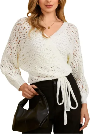 MakeMeChic Women's Pointelle Lantern Sleeve V Neck Wrap Tie Side Cardigan Sweater Crop Knitwear