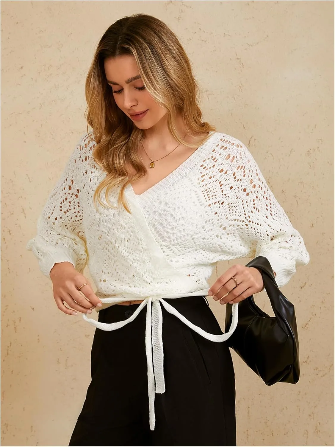 MakeMeChic Women's Pointelle Lantern Sleeve V Neck Wrap Tie Side Cardigan Sweater Crop Knitwear