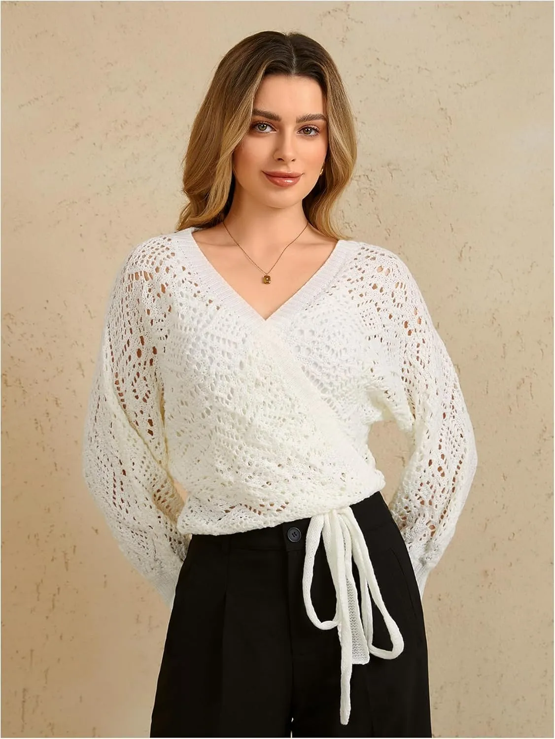 MakeMeChic Women's Pointelle Lantern Sleeve V Neck Wrap Tie Side Cardigan Sweater Crop Knitwear
