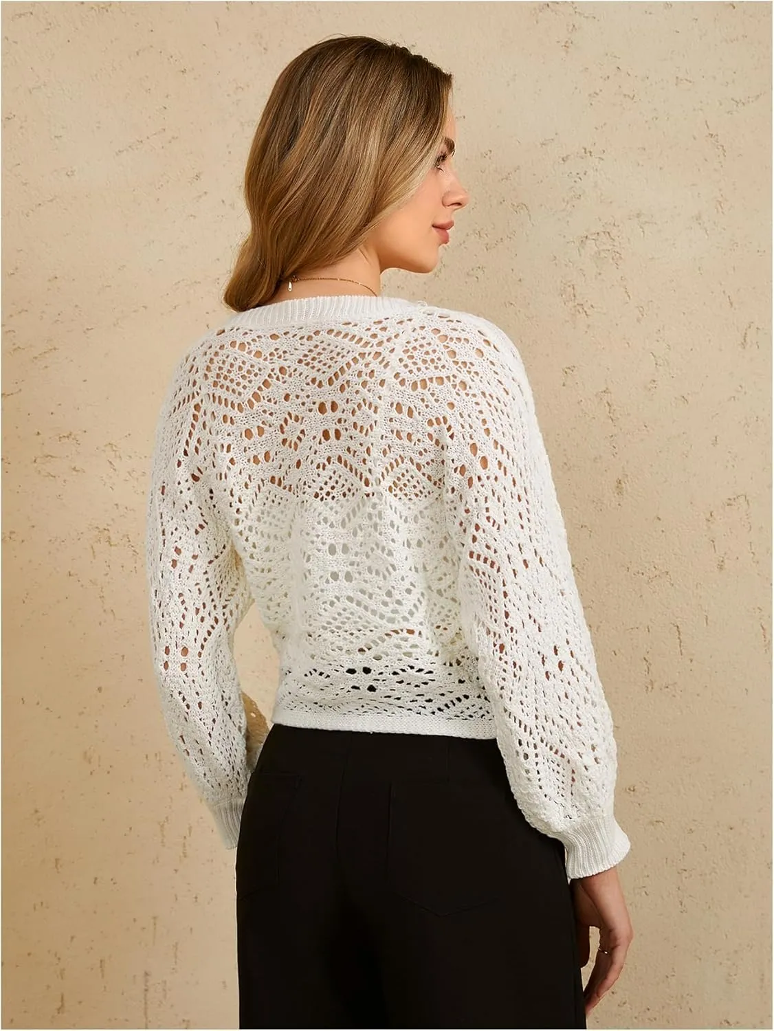 MakeMeChic Women's Pointelle Lantern Sleeve V Neck Wrap Tie Side Cardigan Sweater Crop Knitwear