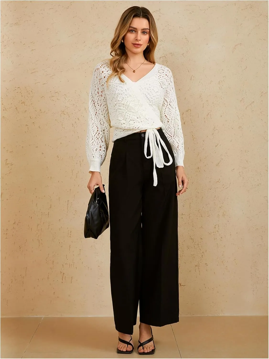 MakeMeChic Women's Pointelle Lantern Sleeve V Neck Wrap Tie Side Cardigan Sweater Crop Knitwear