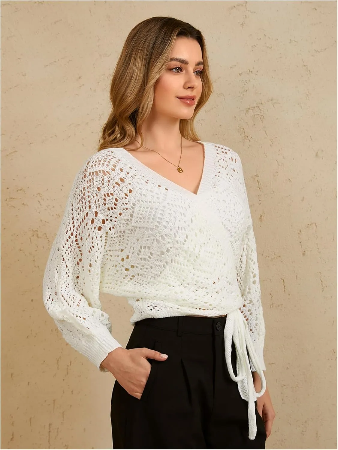 MakeMeChic Women's Pointelle Lantern Sleeve V Neck Wrap Tie Side Cardigan Sweater Crop Knitwear