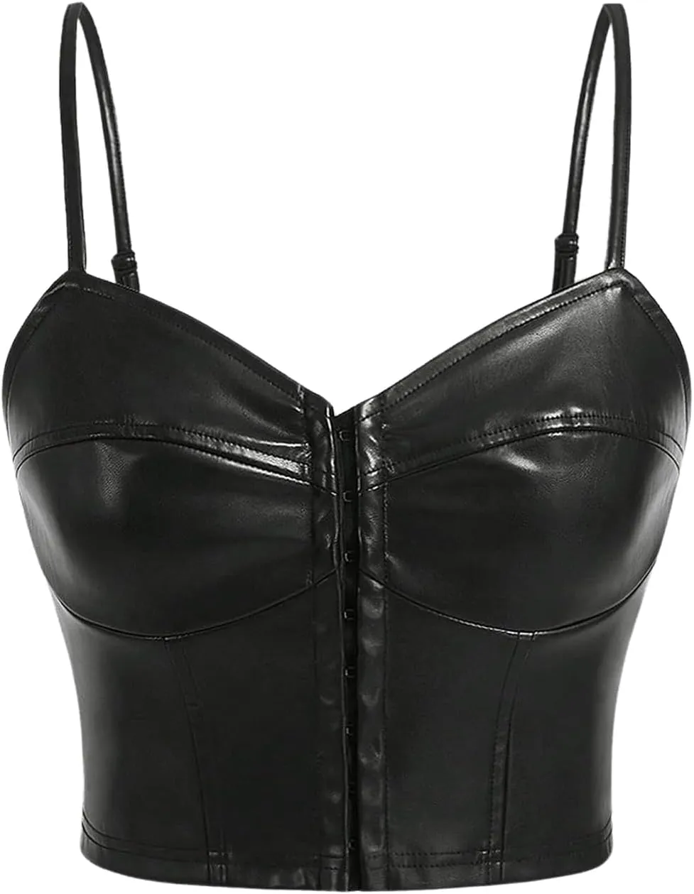 MakeMeChic Women's PU Leather Spaghetti Strap V Neck Sleeveless Camisole Asymmetrical Backless Y2K Crop Top