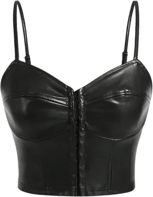 MakeMeChic Women's PU Leather Spaghetti Strap V Neck Sleeveless Camisole Asymmetrical Backless Y2K Crop Top
