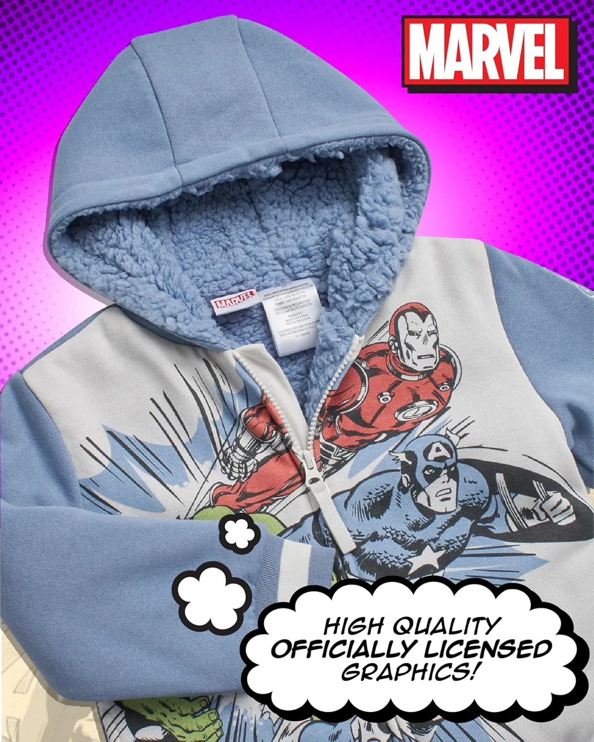 Marvel Boys' Sweatshirt - Soft Fleece Fully Sherpa Lined Zip-Up Hoodie - Avengers & Spider-Man Sweatshirts for Boys (3T-7)