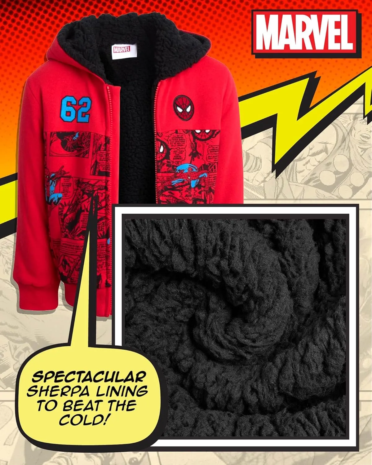 Marvel Boys' Sweatshirt - Soft Fleece Fully Sherpa Lined Zip-Up Hoodie - Avengers & Spider-Man Sweatshirts for Boys (3T-7)