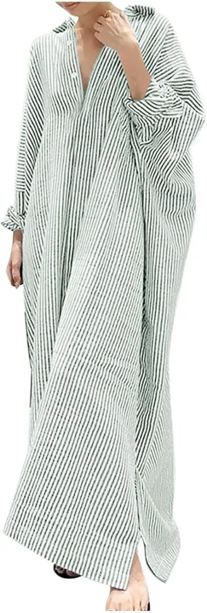 Maxi Dresses for Women 2024 Casual Fall Striped Long Dresses Oversized Long Sleeve Lapel V Neck Side Slit Midi Dress Long Sleeve Dress for Women Green XL