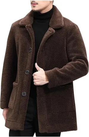 Men Winter Sherpa Trench Coats Cozy Warm Single Breasted Casual Jackets Notched Lapel Slim Fitted Long Sleeve Outwear