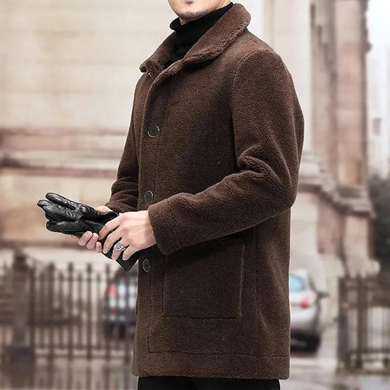 Men Winter Sherpa Trench Coats Cozy Warm Single Breasted Casual Jackets Notched Lapel Slim Fitted Long Sleeve Outwear