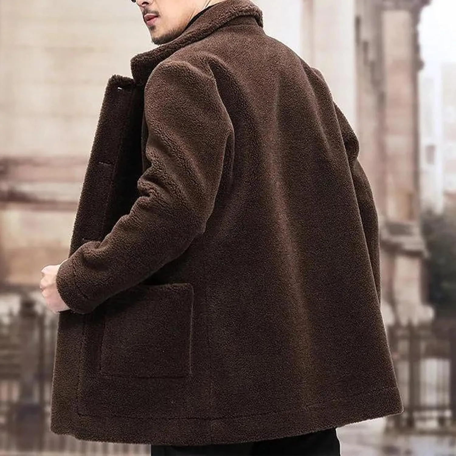 Men Winter Sherpa Trench Coats Cozy Warm Single Breasted Casual Jackets Notched Lapel Slim Fitted Long Sleeve Outwear
