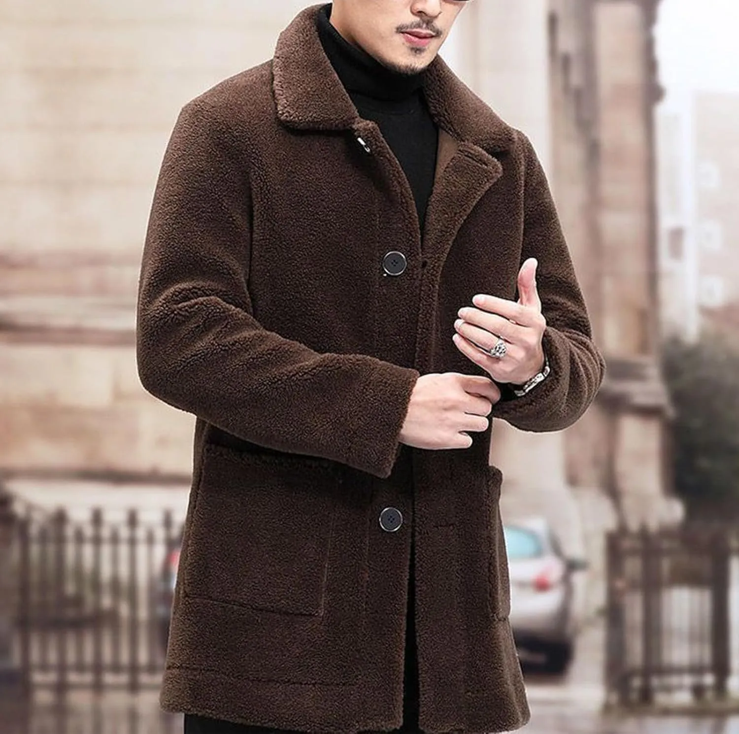 Men Winter Sherpa Trench Coats Cozy Warm Single Breasted Casual Jackets Notched Lapel Slim Fitted Long Sleeve Outwear
