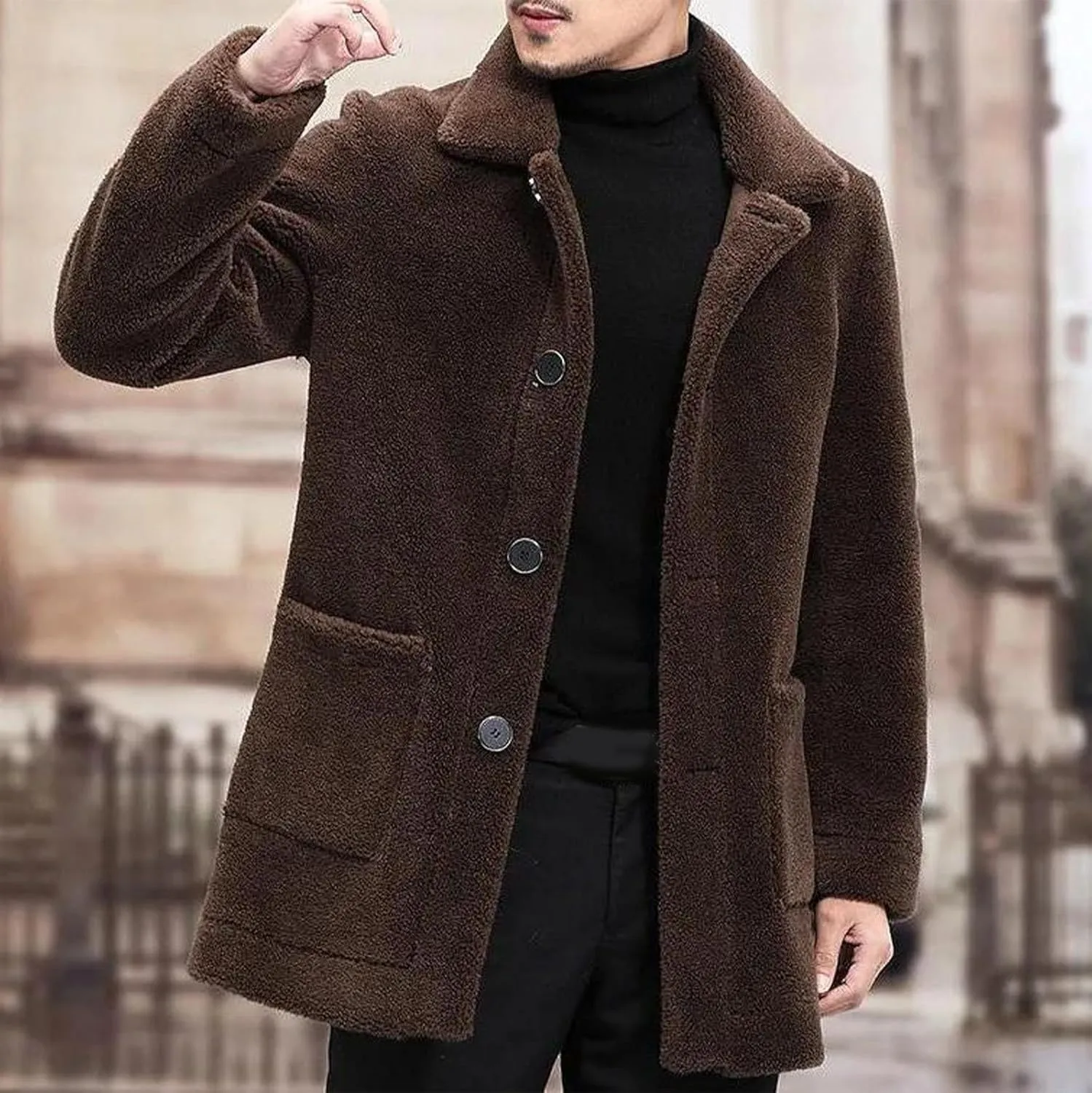 Men Winter Sherpa Trench Coats Cozy Warm Single Breasted Casual Jackets Notched Lapel Slim Fitted Long Sleeve Outwear