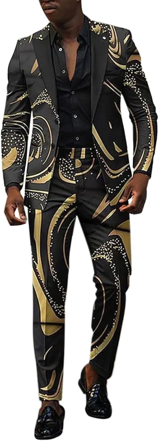 Mens 2 Piece Floral Print Suit Fashion Business Party Button Down Jacket Slim Fit Blazer Pants Wedding Dance Outfits