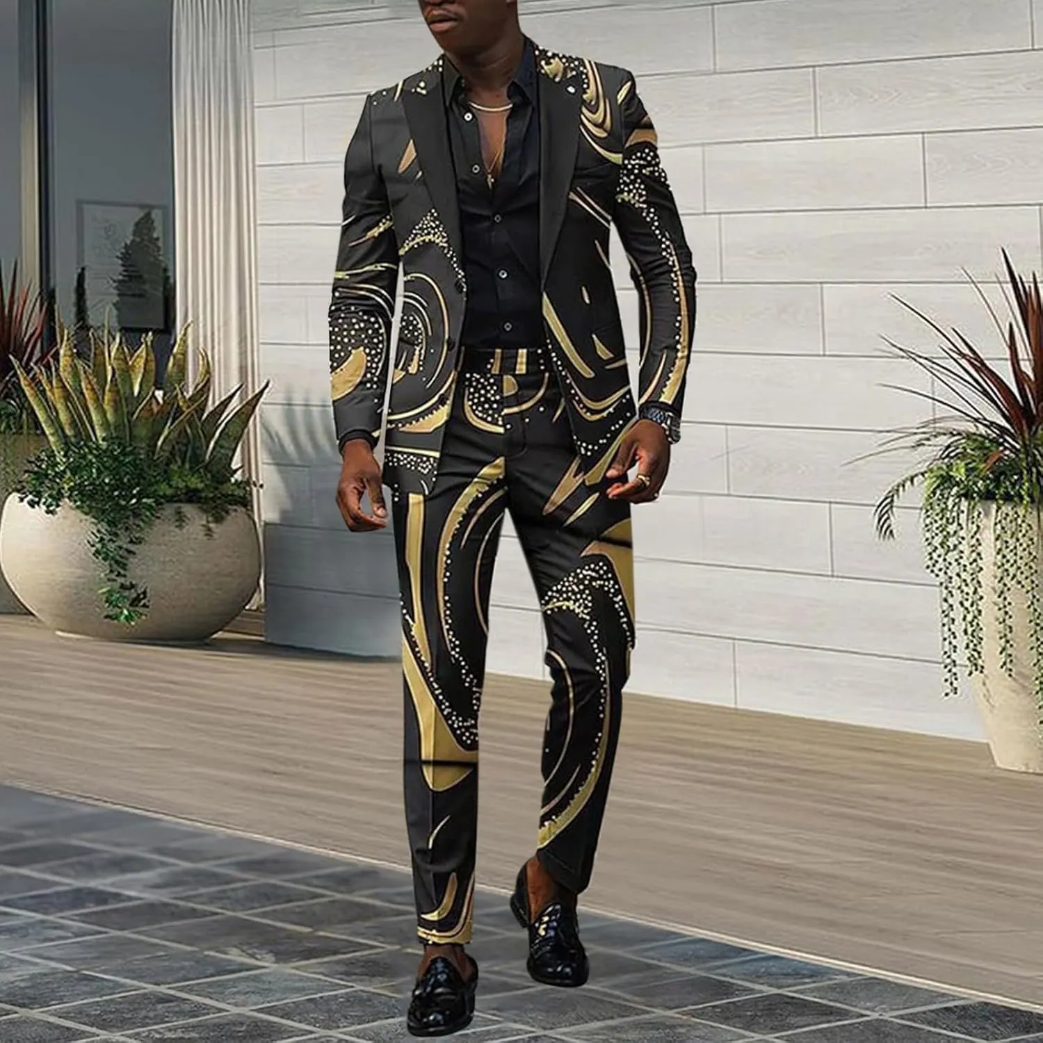 Mens 2 Piece Floral Print Suit Fashion Business Party Button Down Jacket Slim Fit Blazer Pants Wedding Dance Outfits