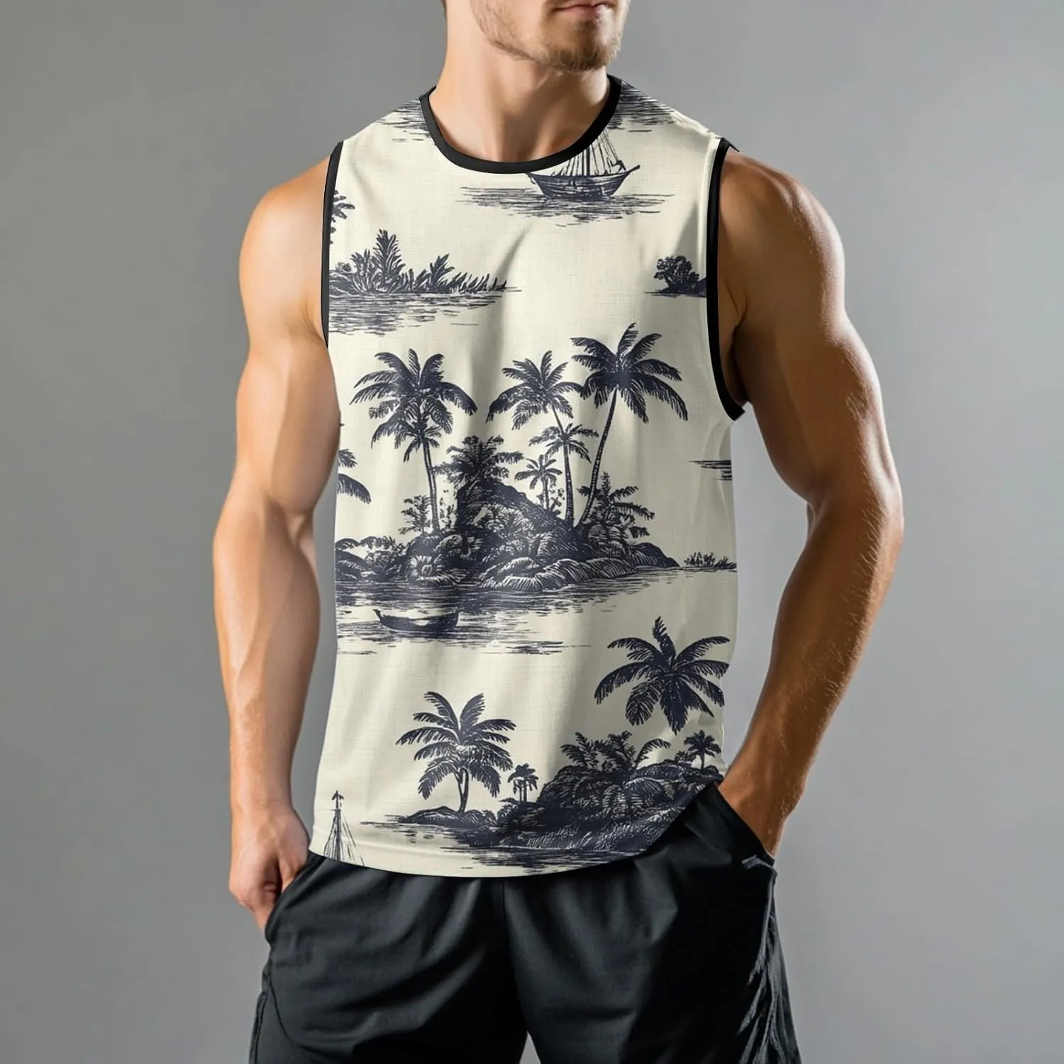 Mens Beach Tank Tops Sleeveless Hawaiian Shirts for Men Summer Palm Tree Graphic Workout Gym Tshirts
