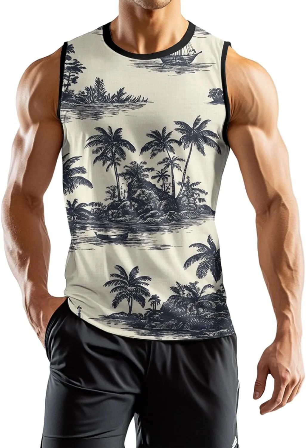 Mens Beach Tank Tops Sleeveless Hawaiian Shirts for Men Summer Palm Tree Graphic Workout Gym Tshirts