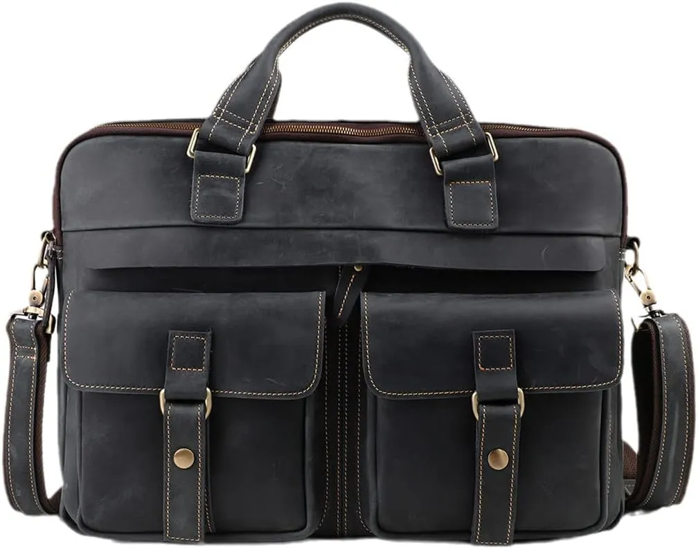 Men's Briefcases Crazy Horse Leather Shoulder Messenger Bags Portfolio 15.6" 17" Laptop Business Office Document Bags