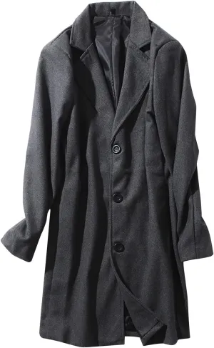 Mens Button Wool Blend Overcoat Jacket Lapel Solid Color Long Sleeve Warm Mid Length Coat Fashion Elegant Coat