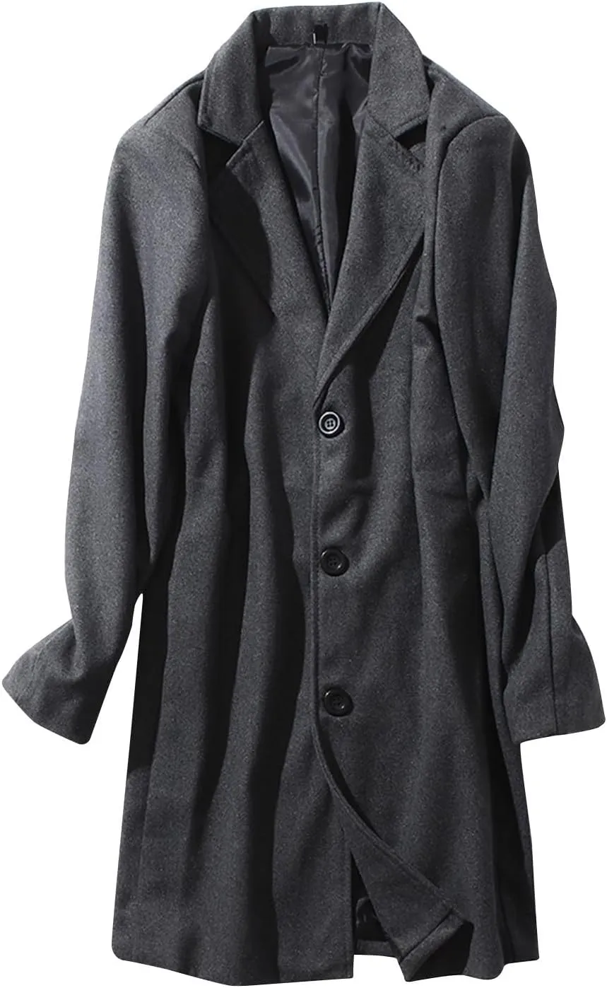 Mens Button Wool Blend Overcoat Jacket Lapel Solid Color Long Sleeve Warm Mid Length Coat Fashion Elegant Coat