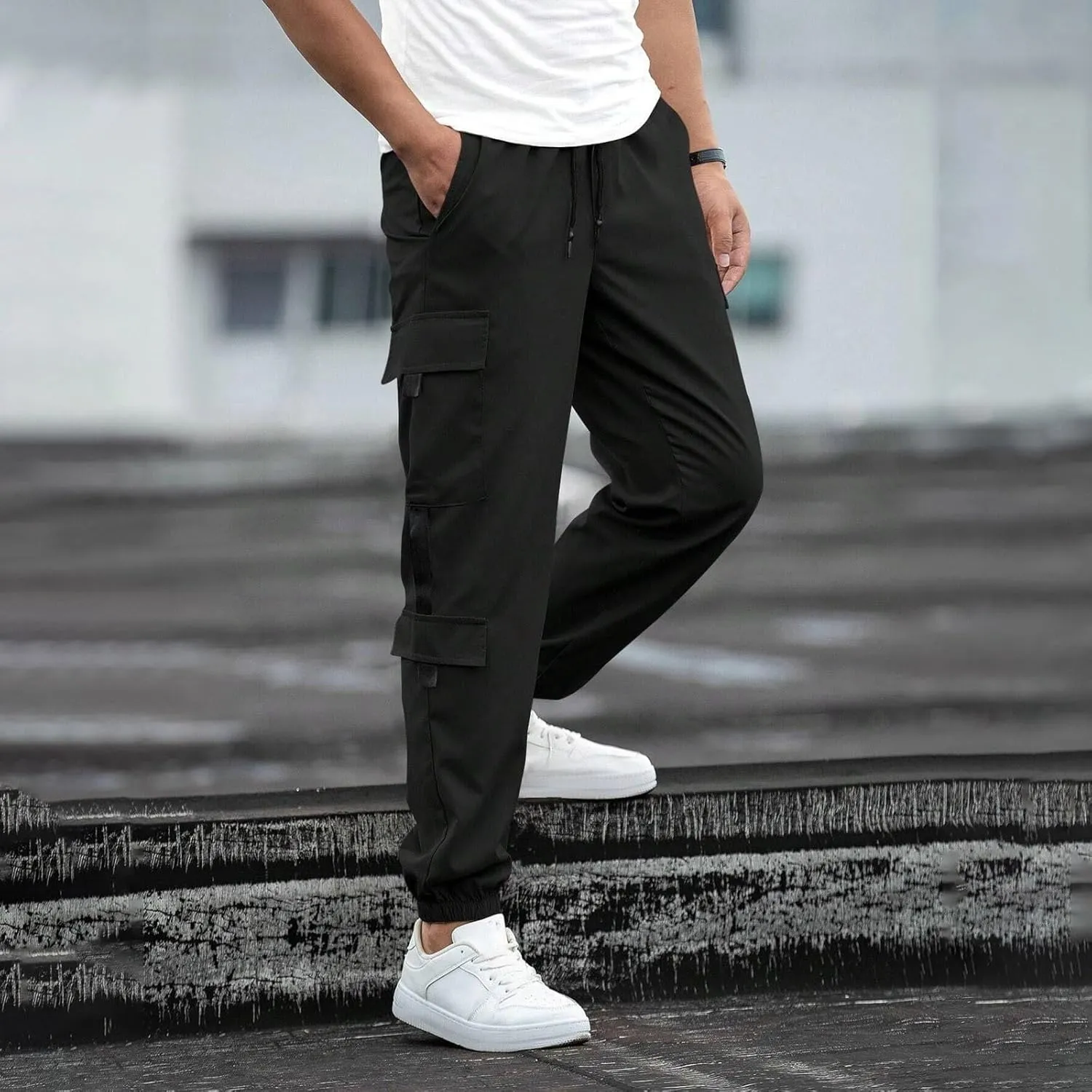 Mens Cargo Sweatpants with Pockets Elastic Waisted Lightweight Joggers Casual Relaxed Fit Drawstring Stretch Jogging Trousers