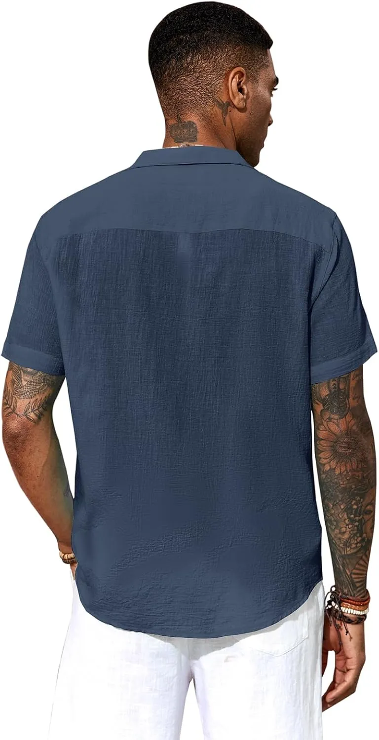 Mens Casual Button Down Shirts Short Sleeve Cuban Collar Shirts Summer Wedding Shirts