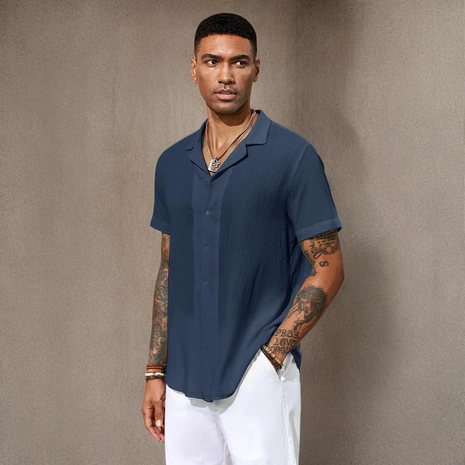Mens Casual Button Down Shirts Short Sleeve Cuban Collar Shirts Summer Wedding Shirts