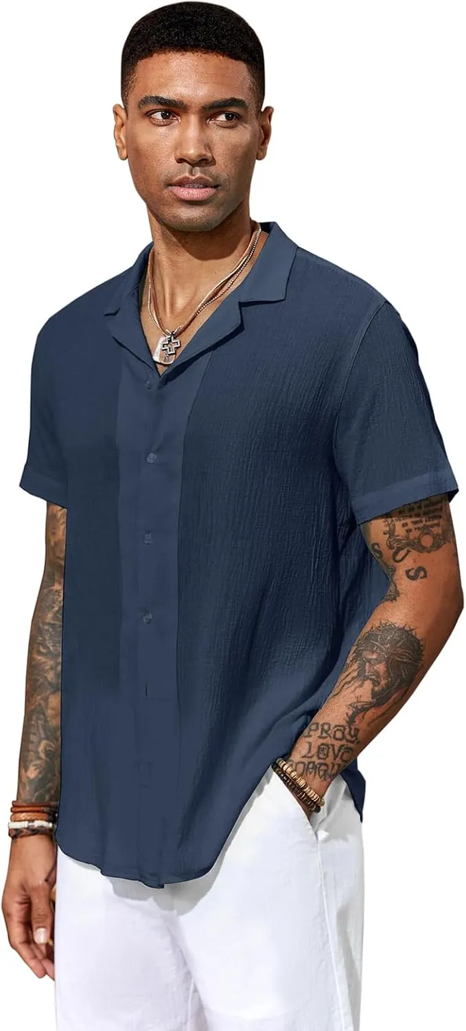 Mens Casual Button Down Shirts Short Sleeve Cuban Collar Shirts Summer Wedding Shirts
