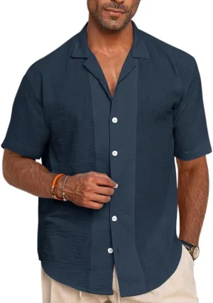 Mens Casual Button Down Shirts Short Sleeve Cuban Collar Shirts Summer Wedding Shirts