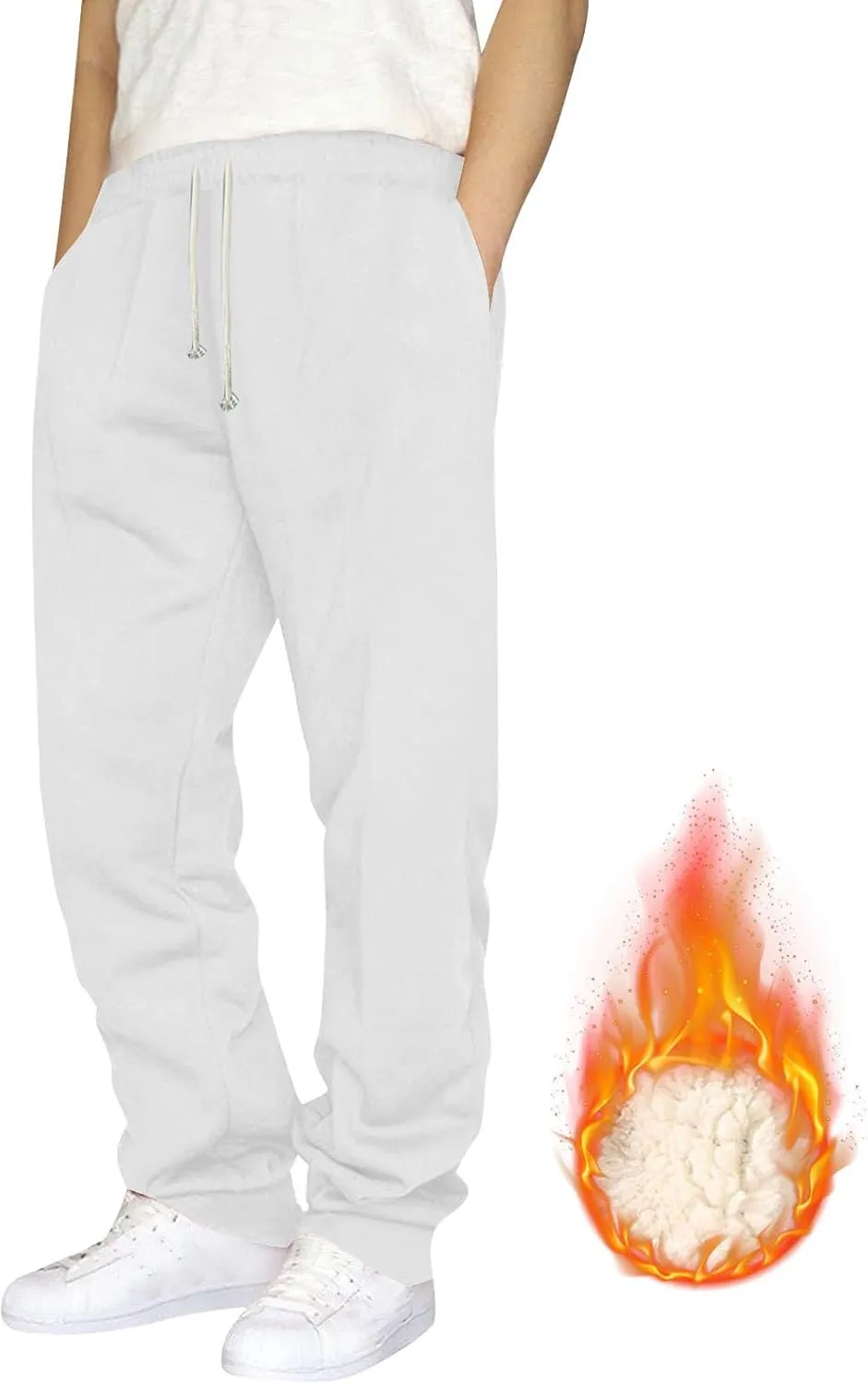 Mens Casual Fleece Pants Relaxed Fit Stretch Waist Warm Sweatpants Plus Size Soft Comfy Winter Lounge Pants with Pockets