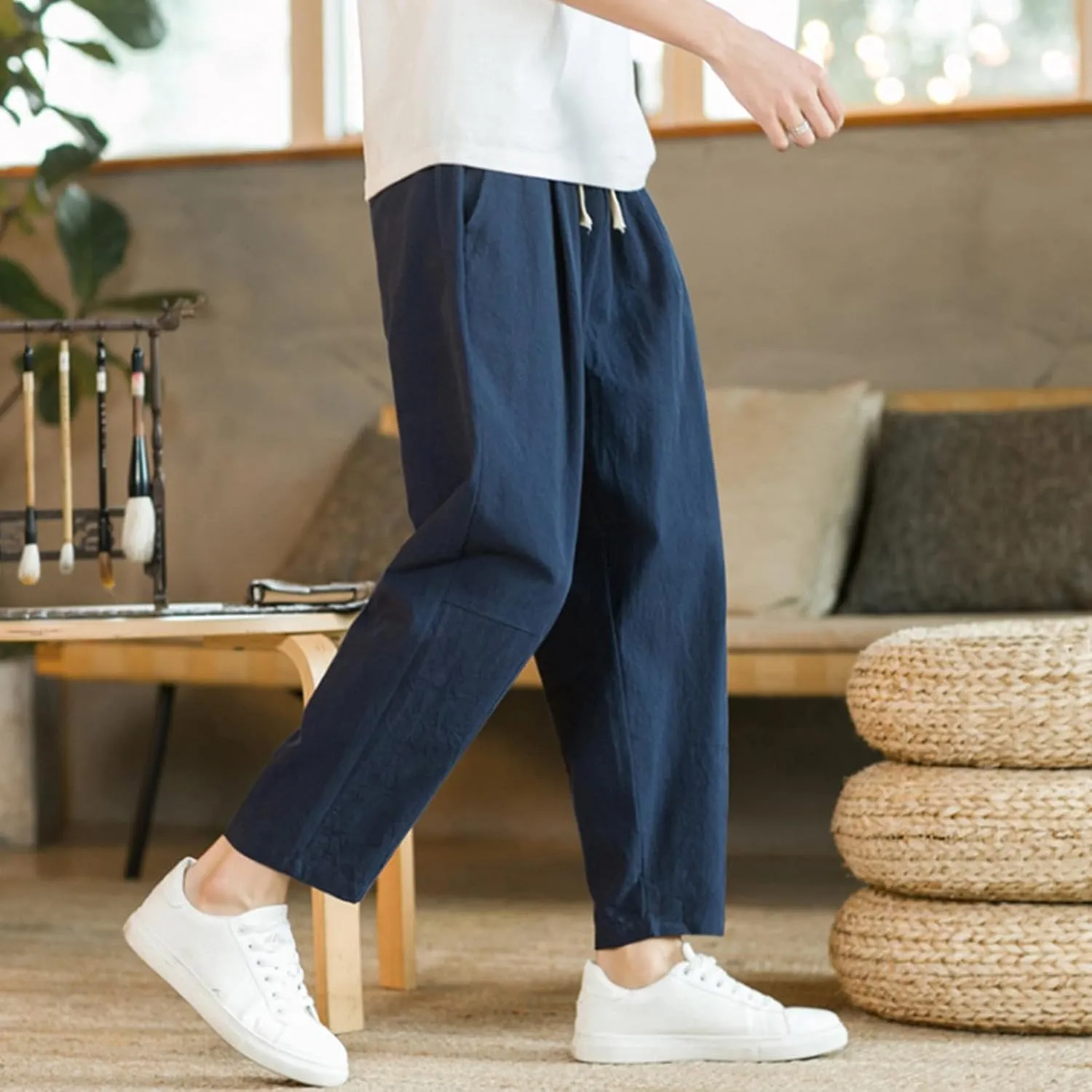 Mens Casual Pants Relaxed Fit Elastic Waist Lightweight Cotton Pants Plus Size Drawstring Summer Beach Pant with Pockets