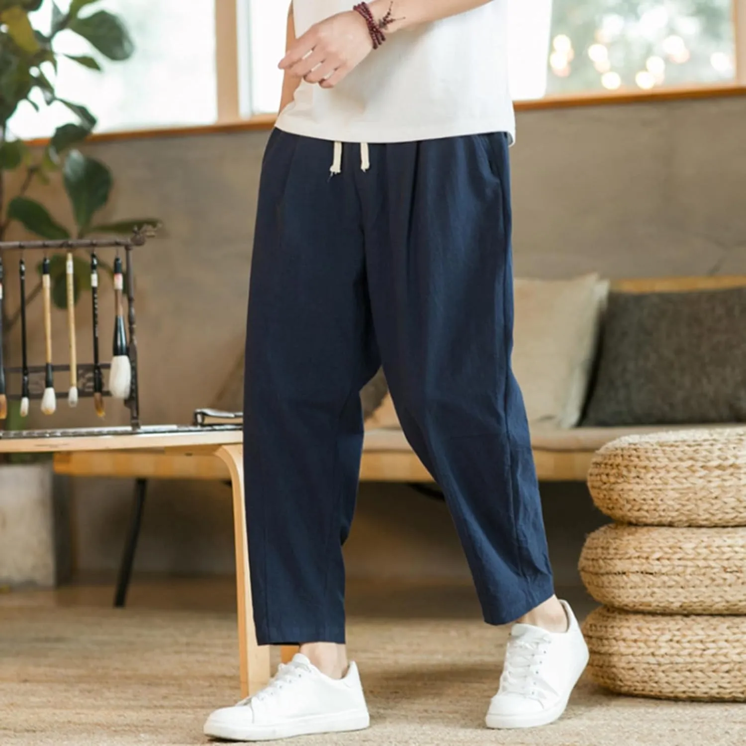 Mens Casual Pants Relaxed Fit Elastic Waist Lightweight Cotton Pants Plus Size Drawstring Summer Beach Pant with Pockets