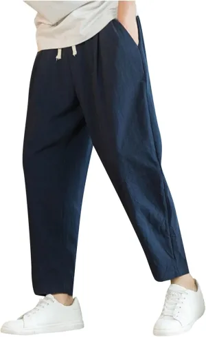 Mens Casual Pants Relaxed Fit Elastic Waist Lightweight Cotton Pants Plus Size Drawstring Summer Beach Pant with Pockets
