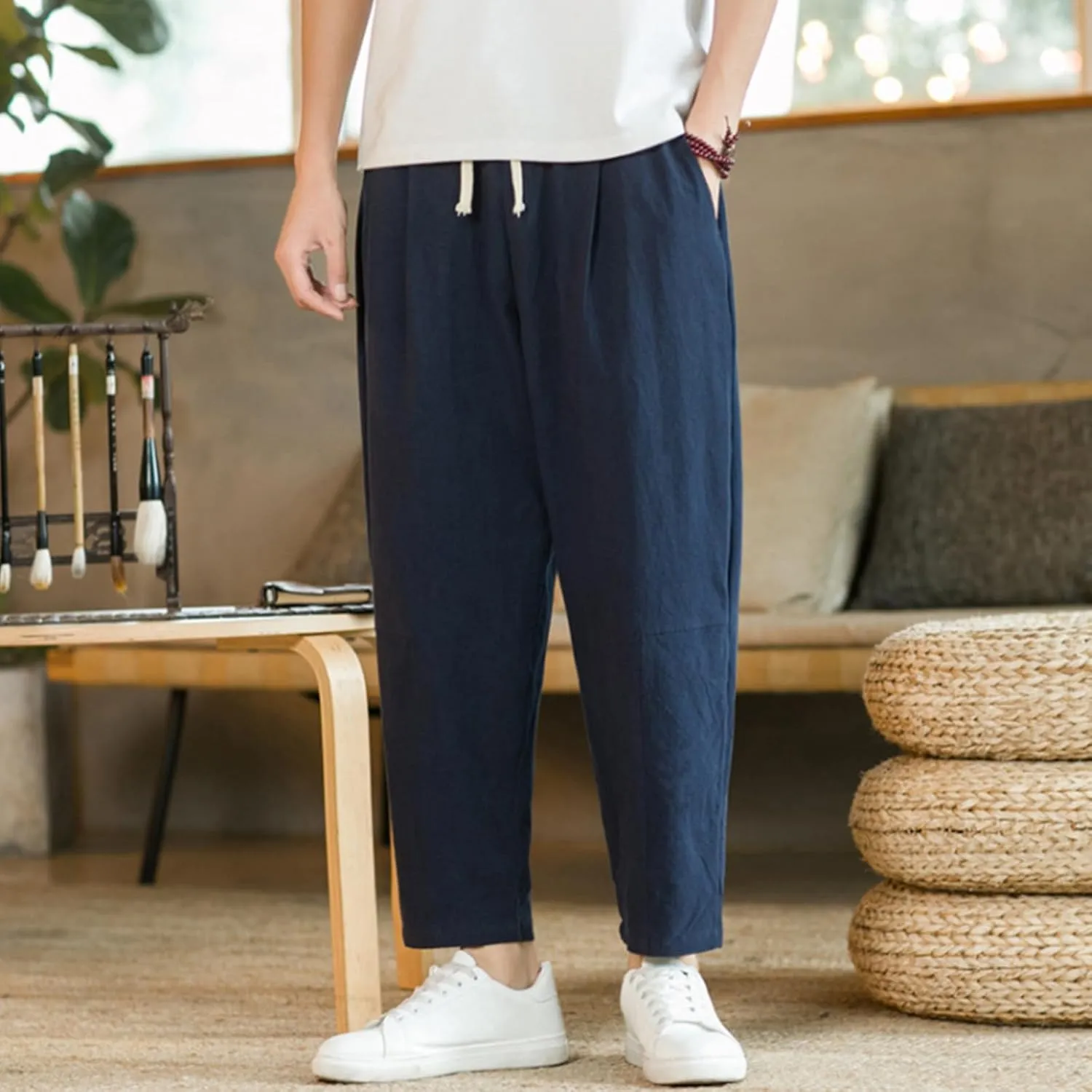 Mens Casual Pants Relaxed Fit Elastic Waist Lightweight Cotton Pants Plus Size Drawstring Summer Beach Pant with Pockets