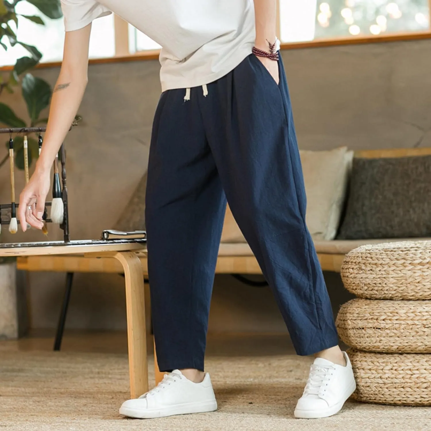 Mens Casual Pants Relaxed Fit Elastic Waist Lightweight Cotton Pants Plus Size Drawstring Summer Beach Pant with Pockets