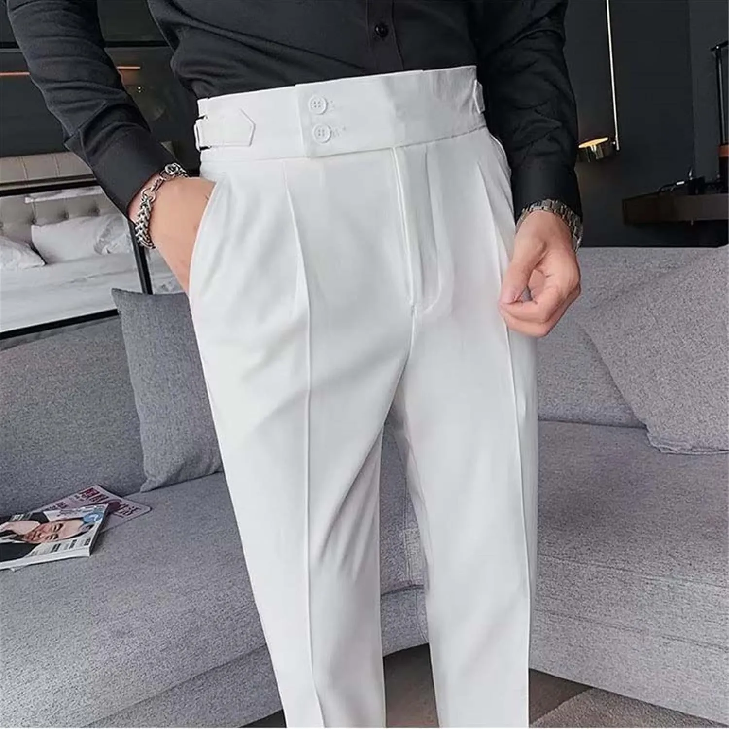 Mens Casual Pants Slim Fit High Waisted Straight Leg Dress Pants Lightweight Solid Color Business Work Pants Lounge Trousers