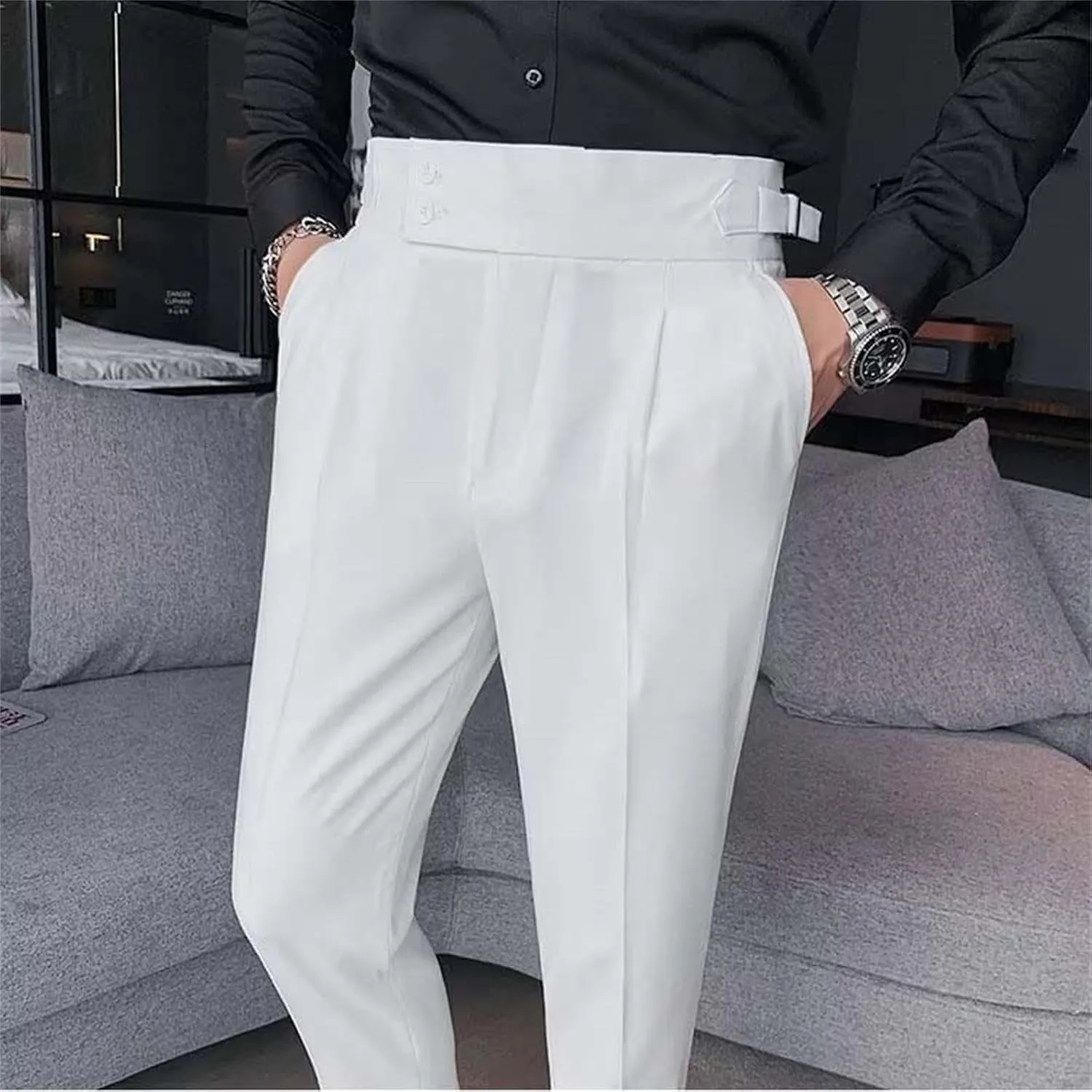 Mens Casual Pants Slim Fit High Waisted Straight Leg Dress Pants Lightweight Solid Color Business Work Pants Lounge Trousers