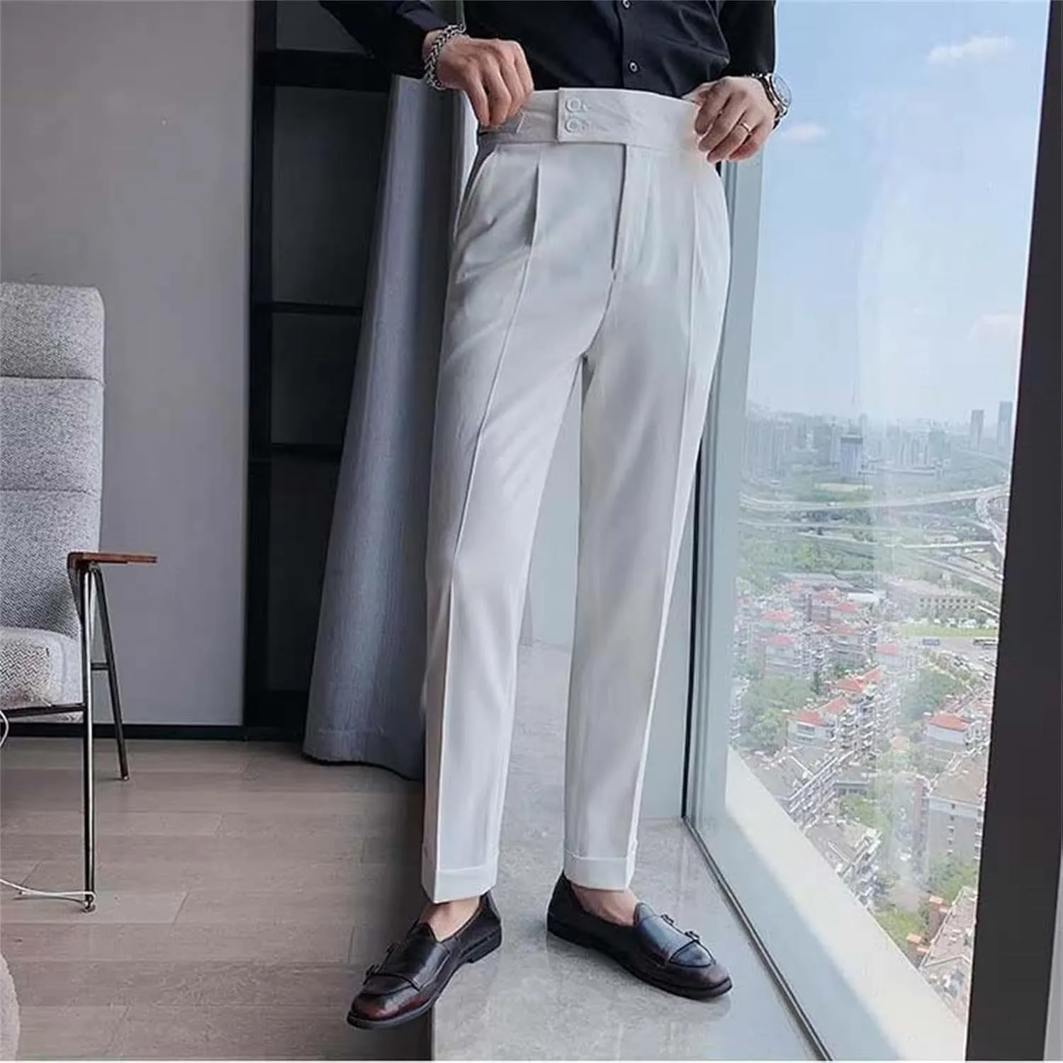 Mens Casual Pants Slim Fit High Waisted Straight Leg Dress Pants Lightweight Solid Color Business Work Pants Lounge Trousers