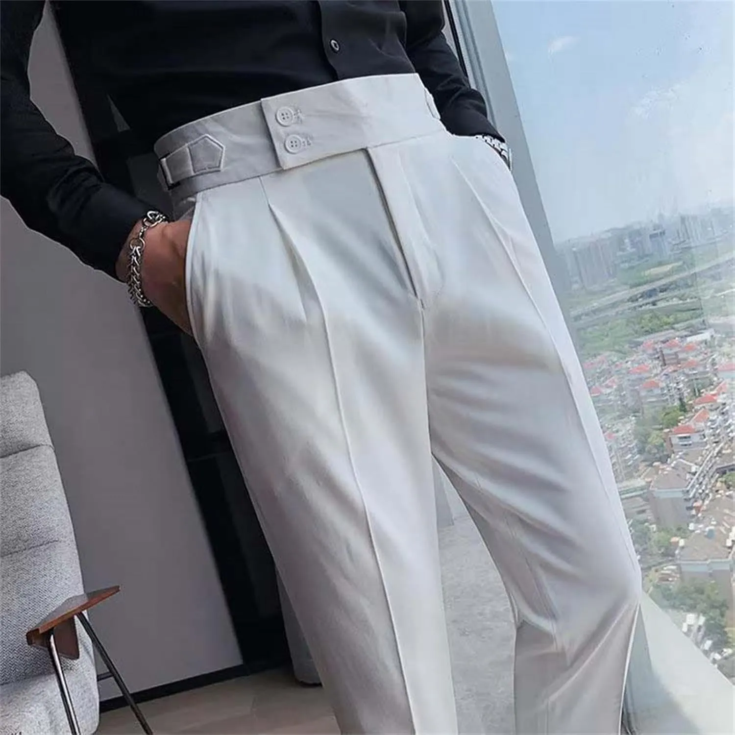 Mens Casual Pants Slim Fit High Waisted Straight Leg Dress Pants Lightweight Solid Color Business Work Pants Lounge Trousers