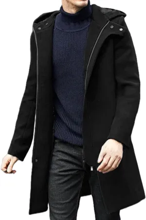 Men's Classic Hoodie Pea Coat Blend Trench Coat Zip Up Windproof Business Overcoat with Hood for Men