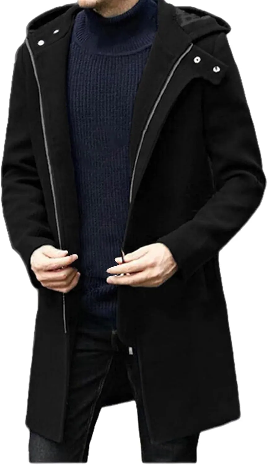 Men's Classic Hoodie Pea Coat Blend Trench Coat Zip Up Windproof Business Overcoat with Hood for Men