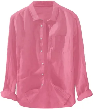 Mens Cotton Linen Shirts Casual Beach Shirts Summer Long Sleeve Shirts Big and Tall Button Down Shirts with Pockets