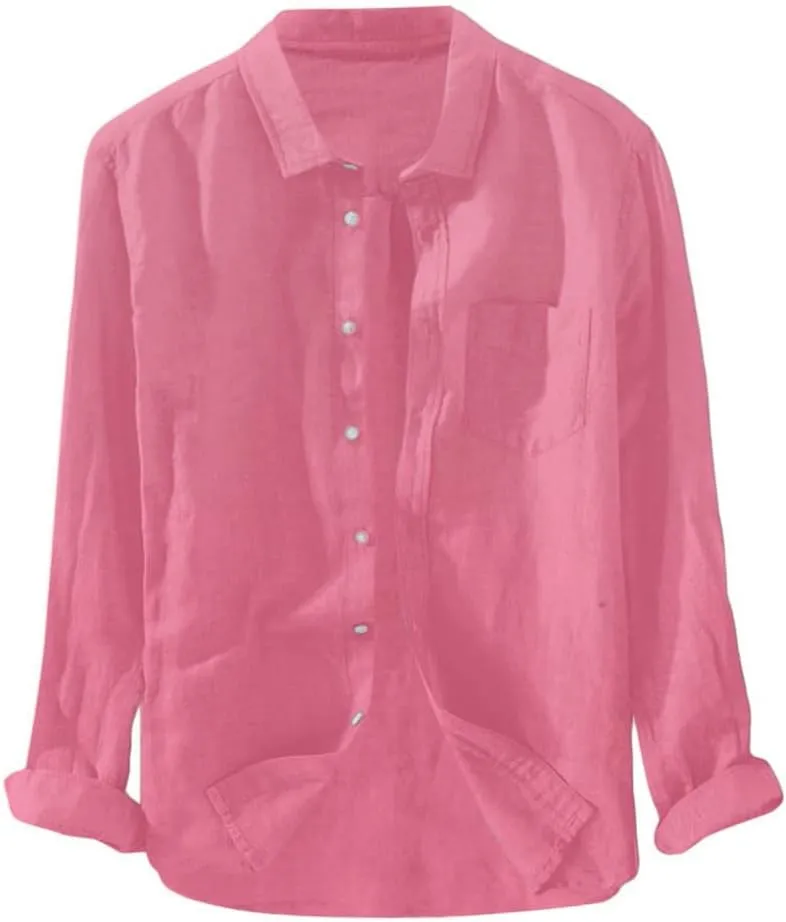 Mens Cotton Linen Shirts Casual Beach Shirts Summer Long Sleeve Shirts Big and Tall Button Down Shirts with Pockets